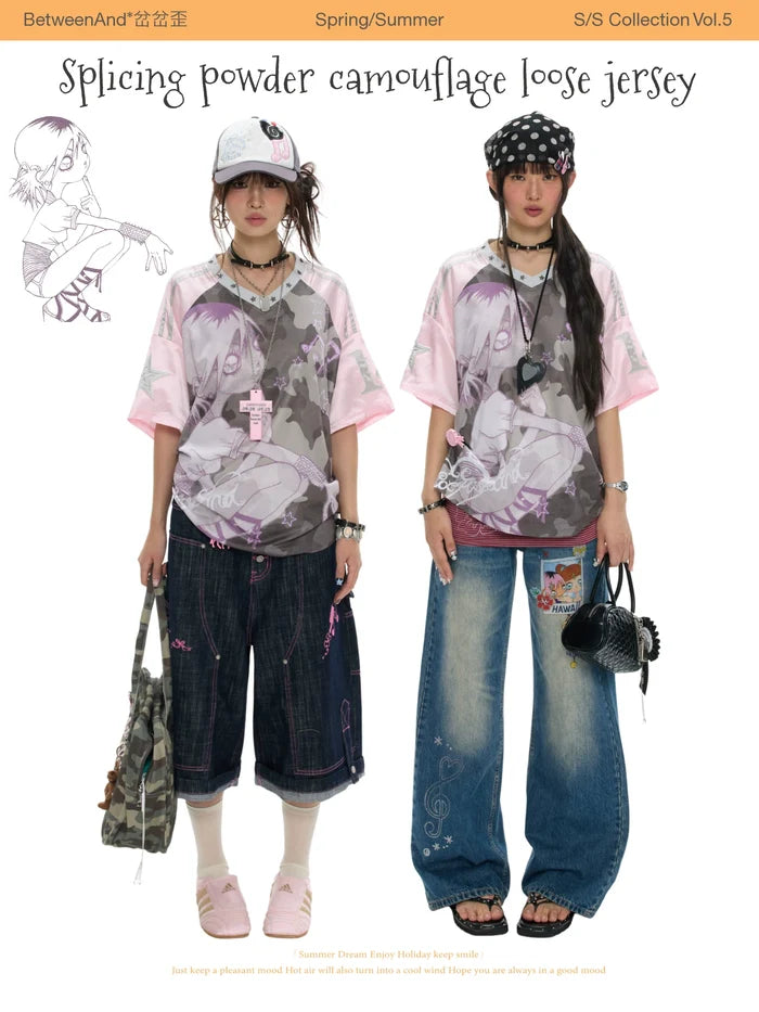 Splicing powder camouflage loose jersey