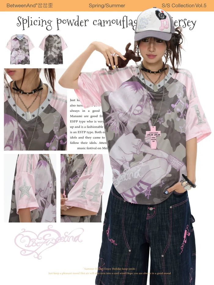 Splicing powder camouflage loose jersey