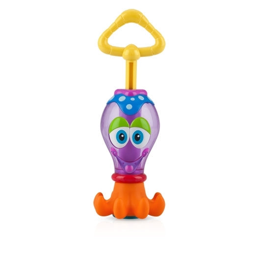 The Squid Squirter Water Squirter is a colorful interactive octopus-shaped bathtime toy with a purple body, blue and green eyes, orange tentacles, and a yellow handle, shown standing upright on a white background.