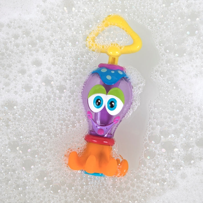 The Squid Squirter Water Squirter is an octopus-shaped bath toy with big eyes, a yellow handle, and orange tentacles, perfect for interactive fun in bubbly bathwater.