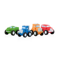 Nuby Squirt Wheels Bath Squirters - 4 pack features a green car, blue tractor, orange tractor, and red SUV lined up on a white background—perfect for imaginative play and bath time fun.