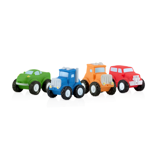 Nuby Squirt Wheels Bath Squirters - 4 pack features a green car, blue tractor, orange tractor, and red SUV lined up on a white background—perfect for imaginative play and bath time fun.