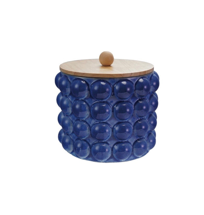 Stoneware Canister w Raised Dots & Wood Lid - Blue
