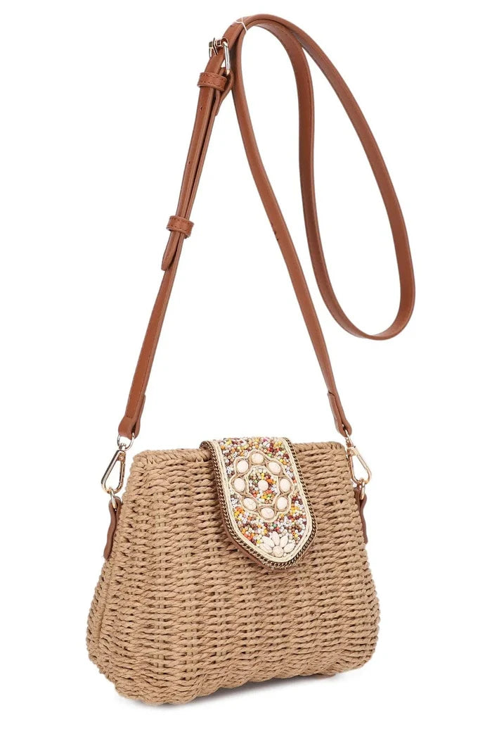 Straw Crossbody Bag With Beaded Buckle