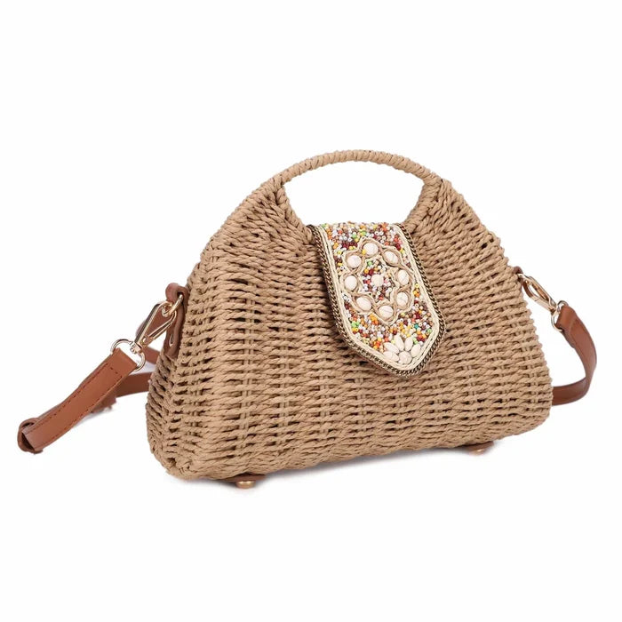 Straw Crossbody Bag With Beaded Buckle