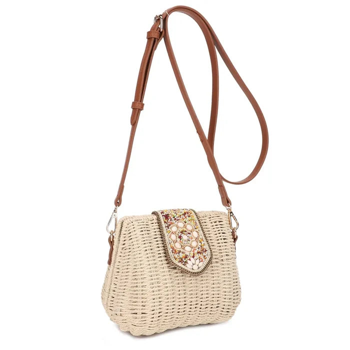 Straw Crossbody Bag With Beaded Buckle