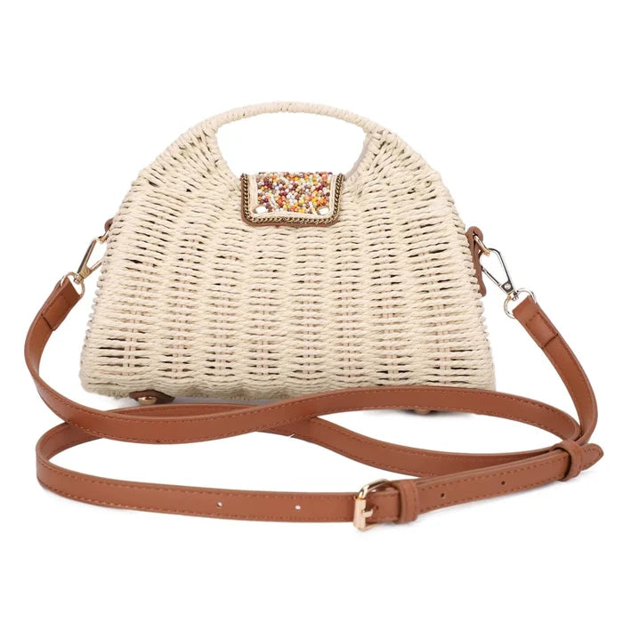 Straw Crossbody Bag With Beaded Buckle