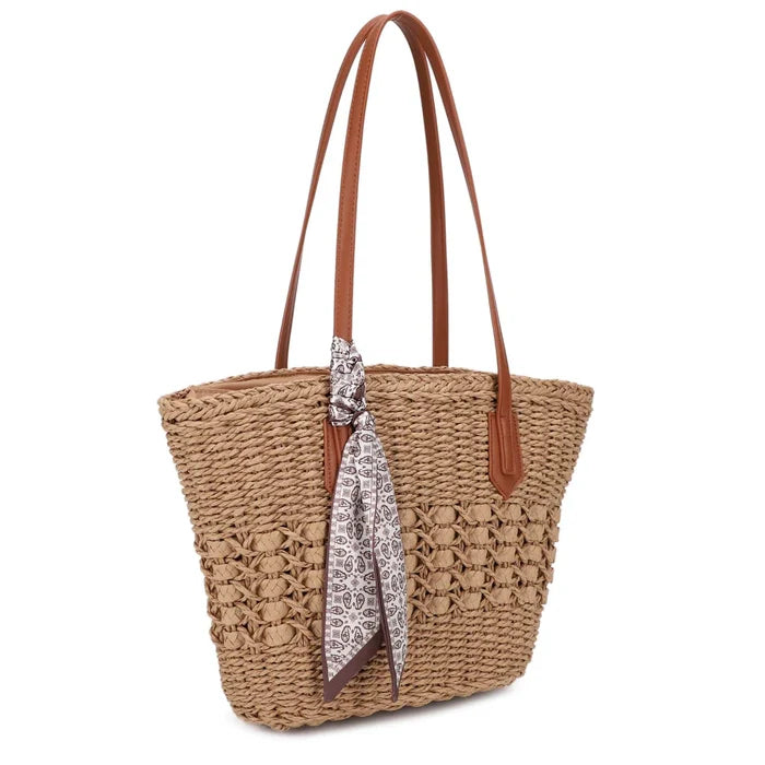 Straw Tote Bag With Scarf
