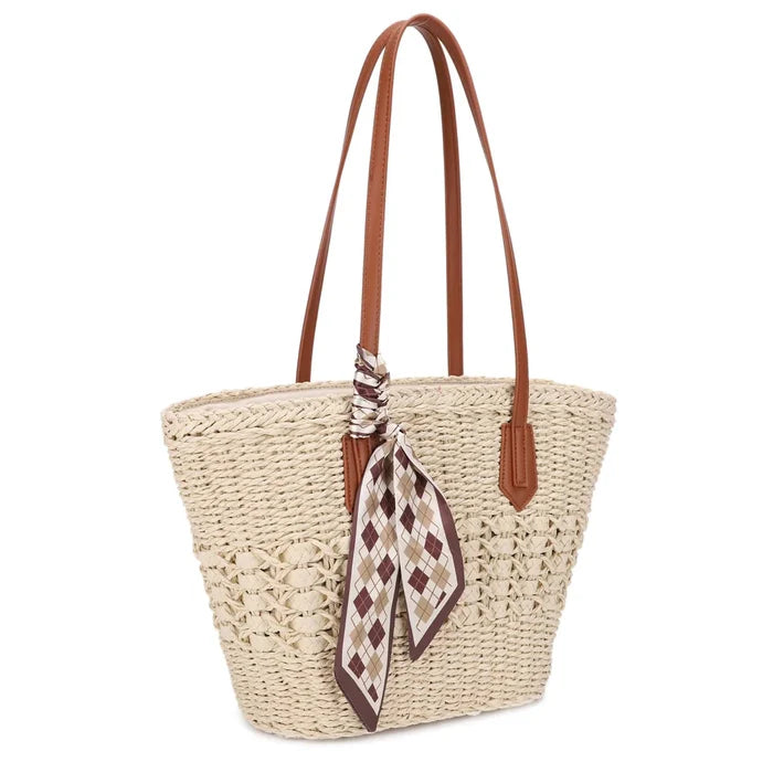 Straw Tote Bag With Scarf