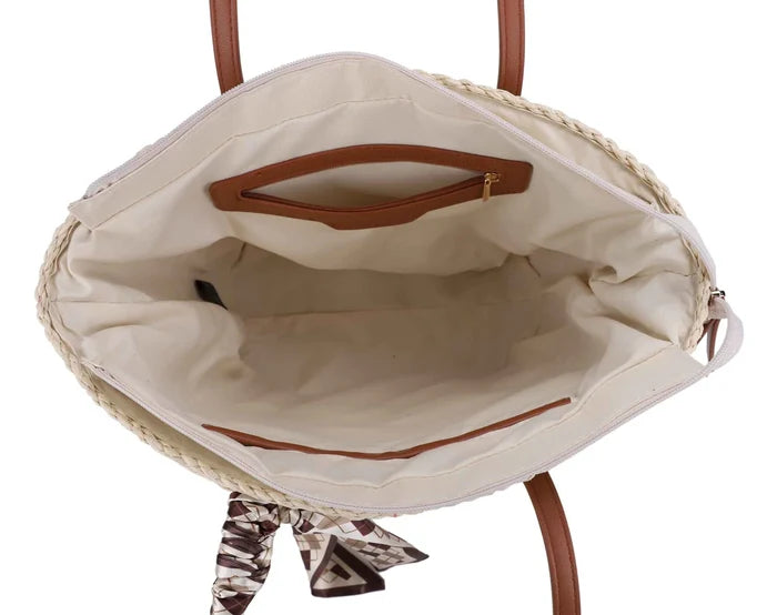 Straw Tote Bag With Scarf