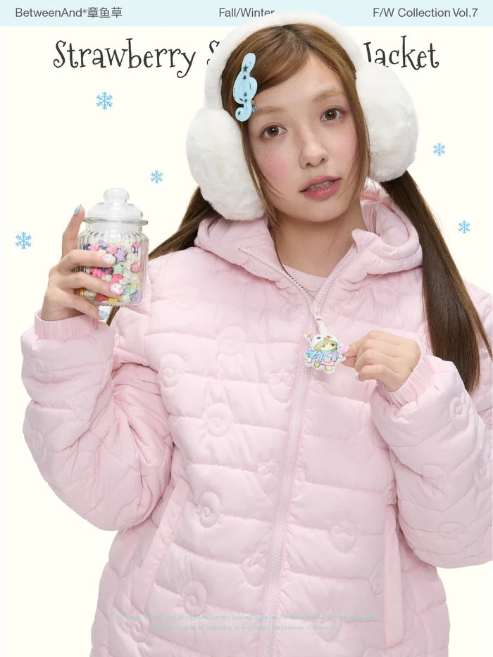 Strawberry pink fleece quilted hooded padded jacket