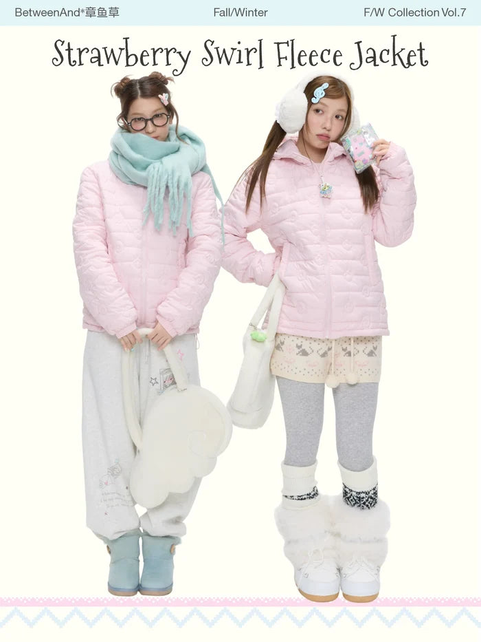 Strawberry pink fleece quilted hooded padded jacket