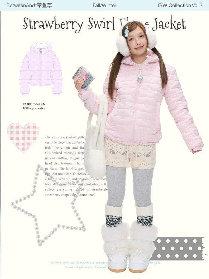 Strawberry pink fleece quilted hooded padded jacket