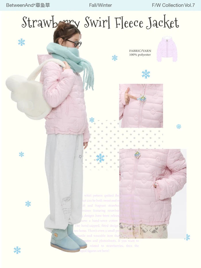 Strawberry pink fleece quilted hooded padded jacket