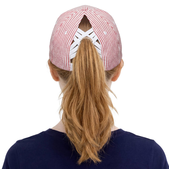 C.C Stripe Pattern Criss-Cross Ponytail Trucker Hat: Red - Olita Gifts & Goods