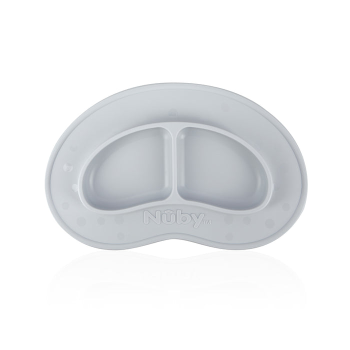 The Sure Grip Miracle Mat 2-Section Plate in Grey is an oval silicone baby plate with two divided sections, raised edges, suction dots, and Nûby branding—ideal mealtime tableware that stays put.
