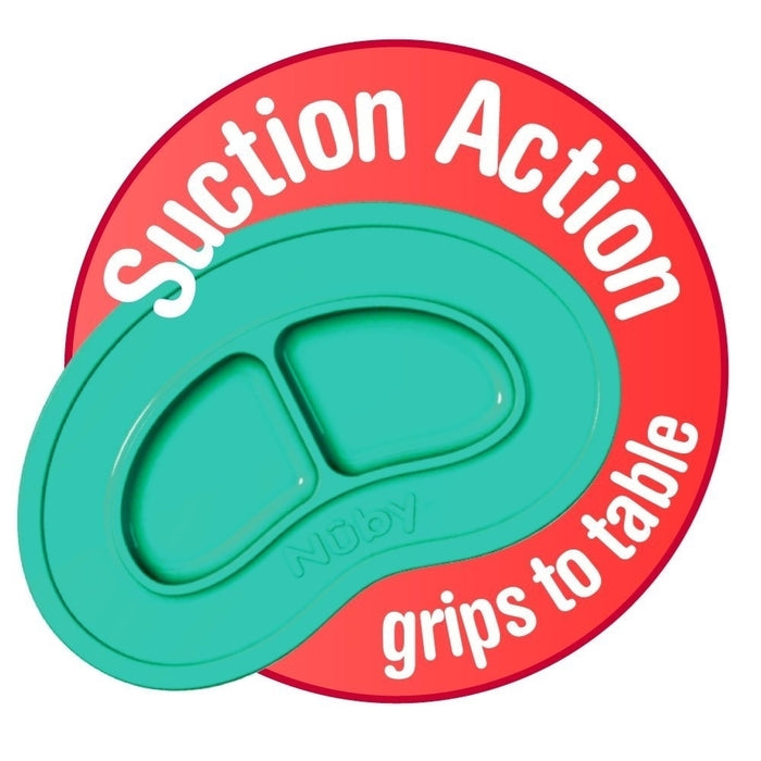 The Sure Grip Miracle Mat 2-Section Plate in grey features strong suction action to keep the silicone baby plate securely in place, making it essential tableware for mealtime stability.