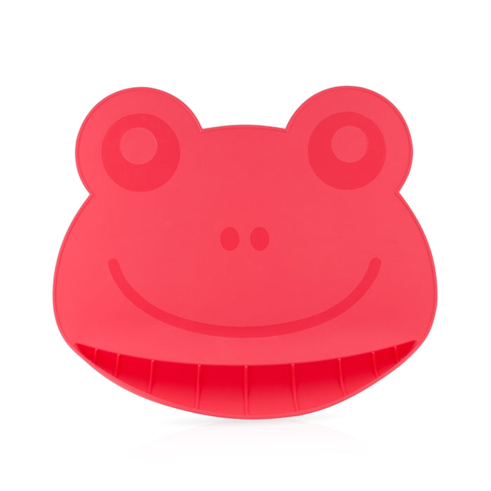 The Nuby Sure Grip Miracle Mat with Food-Catching Pouch pairs perfectly with a red silicone frog face kitchen mitt, offering a convenient, dishwasher-safe solution for gripping hot items and catching food in the kitchen.