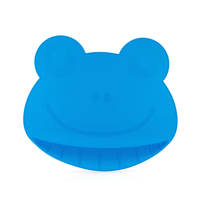 The Nuby Sure Grip Miracle Mat with Food-Catching Pouch is a blue, frog-shaped silicone mat featuring a smiling face and grooved edges for grip, made from dishwasher-safe material.