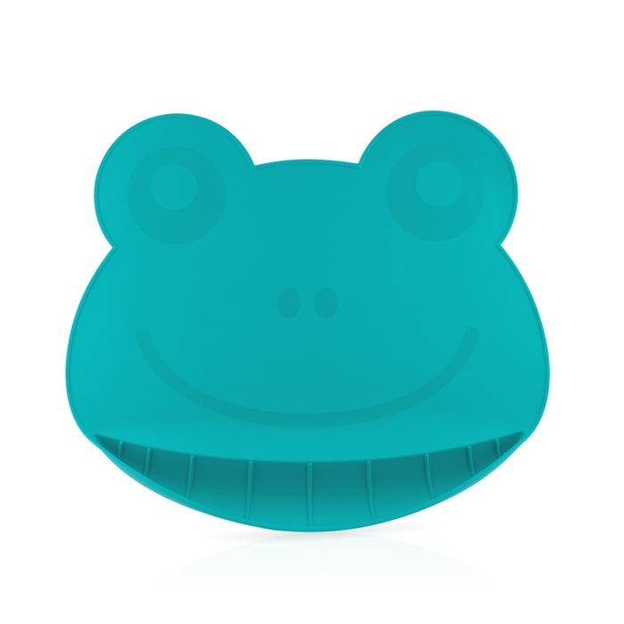 The Nuby Sure Grip Miracle Mat with Food-Catching Pouch is a turquoise silicone plate shaped like a smiling frog’s face, with raised eyes, divided sections, and a non-slip base. Dishwasher safe—ideal for self-feeding babies and toddlers.