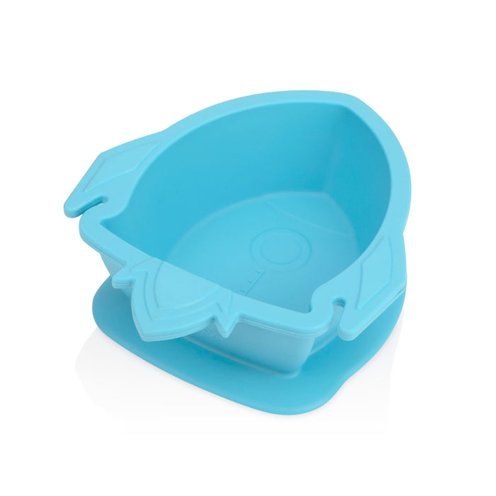 The Sure Grip Rocket Suction Bowl is a blue, rocket-shaped silicone bowl with non-slip fins and a rounded base for secure suction—ideal for baby self-feeding. Shown on a white background.
