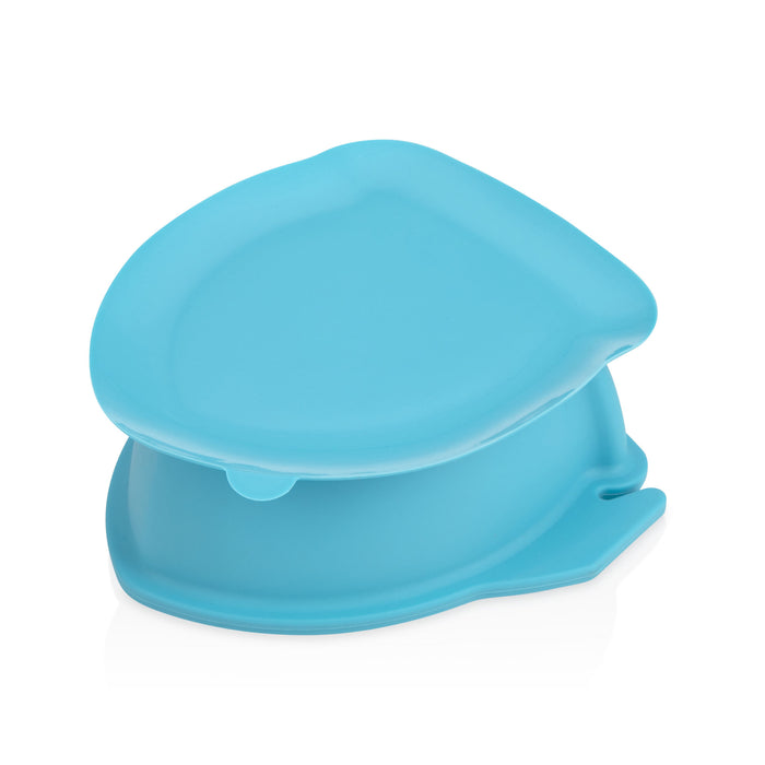 The Sure Grip Rocket Suction Bowl features a blue plastic lid shaped like a mini toilet seat, perfect for pairing with its non-slip silicone suction bowl to support baby self-feeding on any white background.