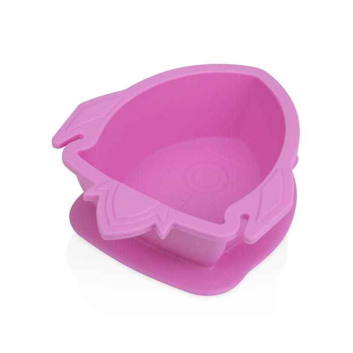 The Sure Grip Rocket Suction Bowl is a pink silicone baby bowl shaped like a rocket ship with fin and window details, designed for easy self-feeding and handling, shown on a white background.