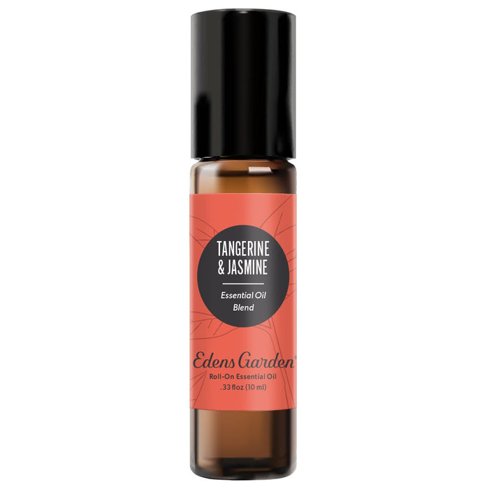 A roll-on essential oil bottle with a label that reads 'Tangerine & Jasmine Essential Oil Blend' from Edens Garden.