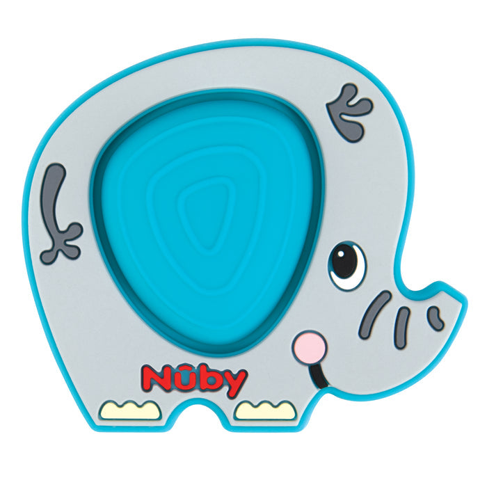 The Nuby Teethe N' Pop Sensory Play Teether features a cute gray elephant design with a blue center, cartoon eyes, and blushing cheeks—perfect to pair with your favorite silicone teether or baby teething toy.