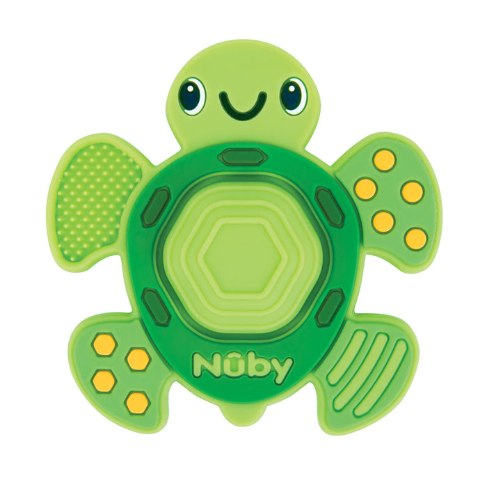 The Teethe N' Pop Sensory Play Teether | Turtle is a green, turtle-shaped silicone teether with textured surfaces, yellow dots, a smiling face, and "Nûby" in yellow on its shell—ideal for your baby's sensory play.
