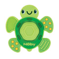 The Teethe N' Pop Sensory Play Teether | Turtle is a green, turtle-shaped silicone teether with textured surfaces, yellow dots, a smiling face, and "Nûby" in yellow on its shell—ideal for your baby's sensory play.