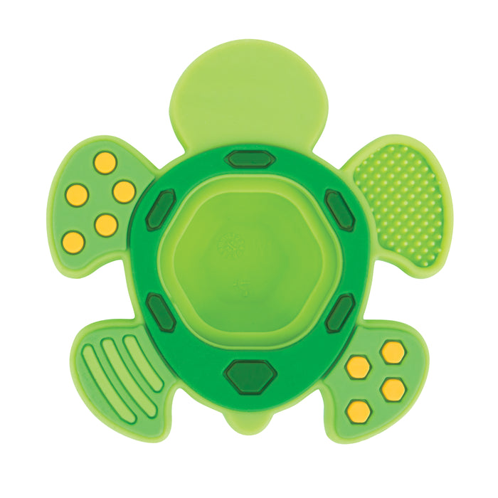 The Teethe N' Pop Sensory Play Teether | Turtle is a green turtle-shaped silicone teether with textured flippers, yellow dots on two limbs, and a hexagonal shell pattern, designed for sensory touch stimulation.