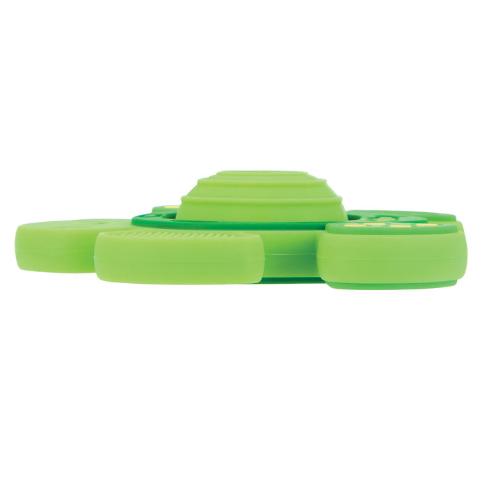 The Teethe N' Pop Sensory Play Teether | Turtle is a green silicone teether with three rounded arms, shown from the side against a white background.
