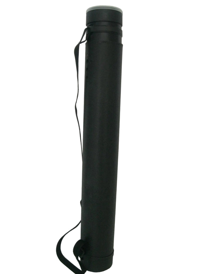 A black cylindrical hard case with a carrying strap, standing upright against a plain white background.