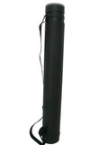 A black cylindrical hard case with a carrying strap, standing upright against a plain white background.
