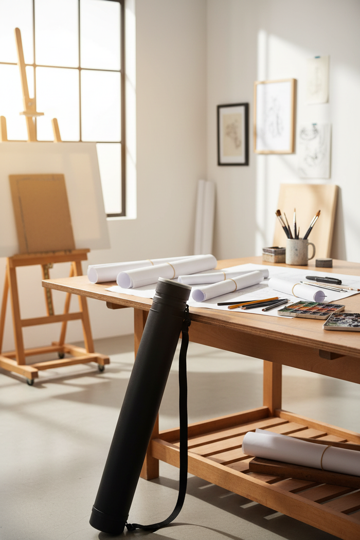 Black telescoping art travel tube in a bright studio setting with drafting tools and rolled artwork