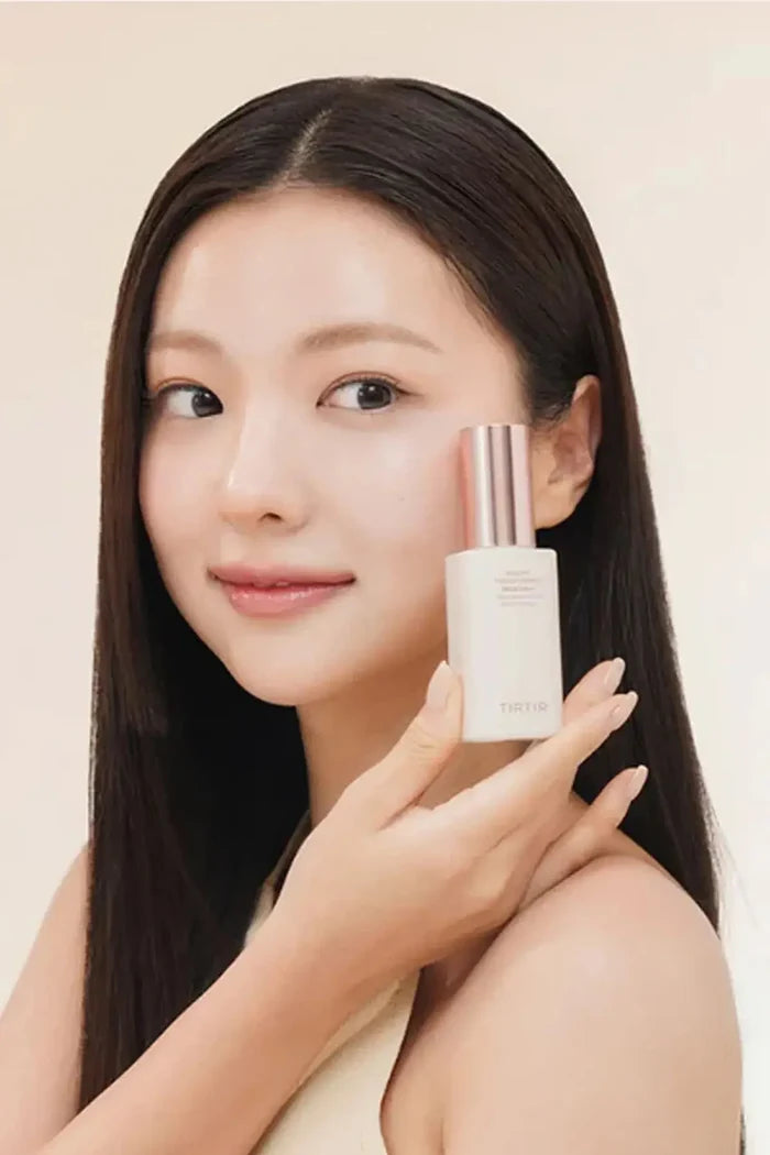 Before and after comparison showing how TIRTIR Tone Up Essence brightens uneven skin tone for No Foundation Makeup.
