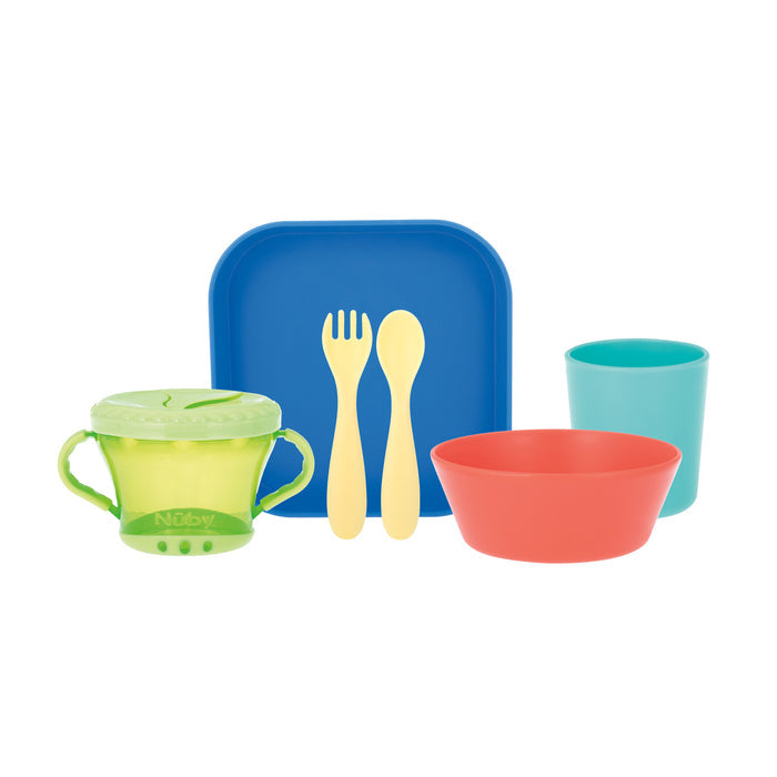 The Nuby Toddler Feeding Set | Colorful features a blue plate, aqua cup, red bowl, green snack cup with handles, and yellow fork and spoon—ideal for self-feeding—displayed on a white background.