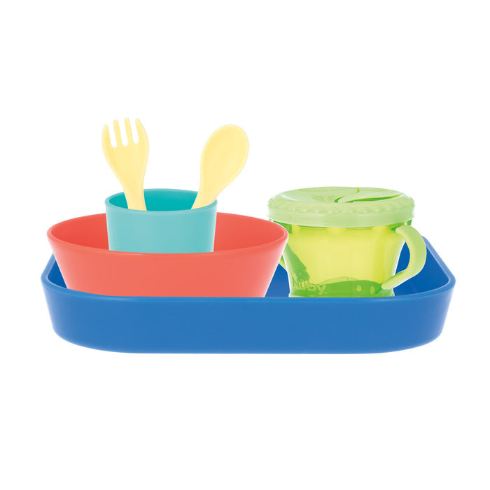 The Nuby Toddler Feeding Set | Colorful includes a blue tray with a red bowl, teal cup with yellow fork and spoon, and a green-lidded yellow sippy cup—vibrant plastic dinnerware for self-feeding toddlers.