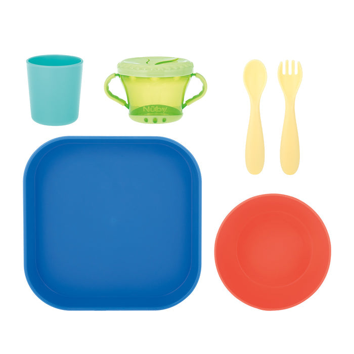 The Nuby Toddler Feeding Set | Colorful includes a blue square plate, red round plate, green snack cup with handles, turquoise cup, and yellow spoon & fork—ideal for encouraging self-feeding.