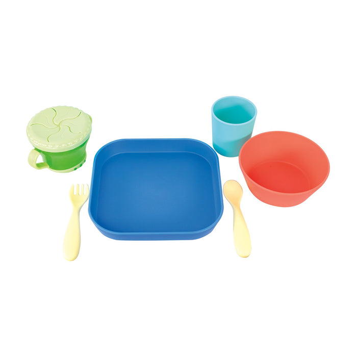 The Nuby Toddler Feeding Set | Colorful includes a green sippy cup, blue cup, red bowl, blue plate, yellow fork, and yellow spoon—ideal for self-feeding—arranged on a white background.