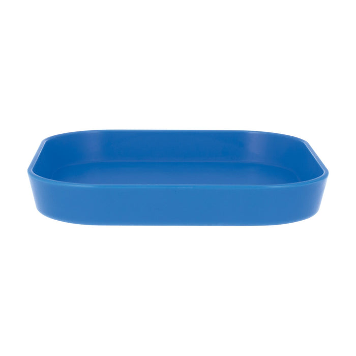 The Nuby Toddler Feeding Set | Colorful is a shallow, rectangular blue tray with slightly rounded corners, designed for toddler dinnerware, shown from the side against a white background.