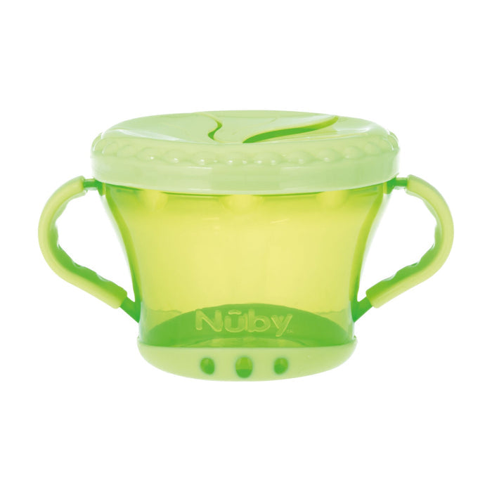 The Nuby Toddler Feeding Set | Colorful includes a green snack container with two handles and a flexible lid, designed to help toddlers self-feed while minimizing spills.