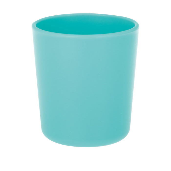 The Nuby Toddler Feeding Set | Colorful features a smooth, light blue plastic cup without a handle, perfect for self-feeding and toddler dinnerware, shown against a white background.