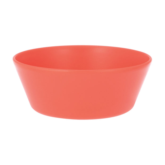 The Nuby Toddler Feeding Set | Colorful features a plain, round, coral-colored plastic bowl with smooth sides, designed for easy self-feeding by toddlers. Shown against a white background.