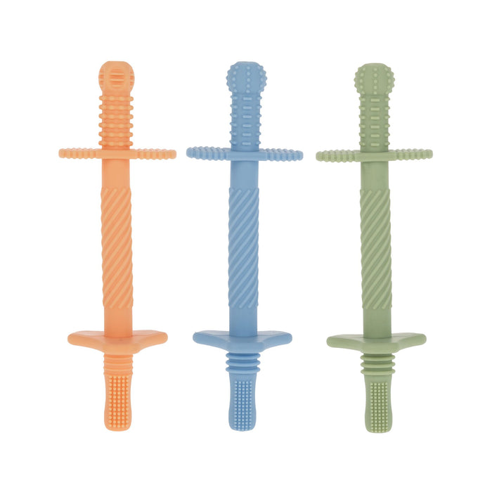The Nuby Tube Teethers (3 Pack) in orange, blue, and green feature textured silicone surfaces and handles—ideal as a teether or baby teething toy for sensory chewing and oral motor therapy.