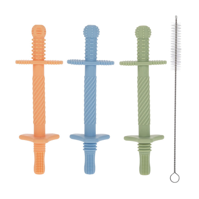 The Nuby Tube Teethers (3 Pack) features sword-shaped silicone teethers in orange, blue, and green, shown with a slim cleaning brush—fun and soothing baby teething toys.