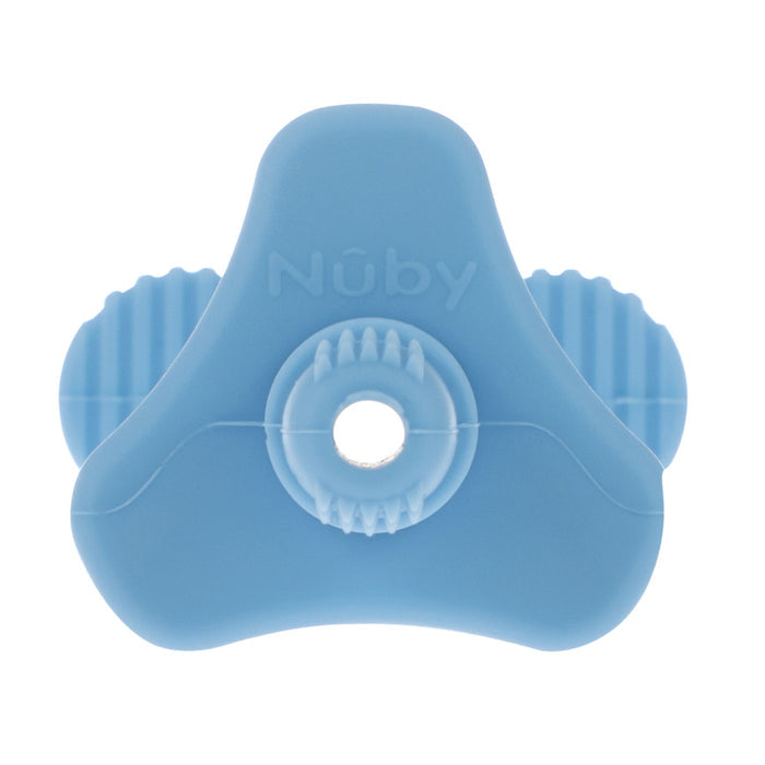 Nuby’s Tube Teethers (3 Pack) in orange, blue, and green feature textured silicone ridges and a center hole, designed to soothe your baby’s teething discomfort.