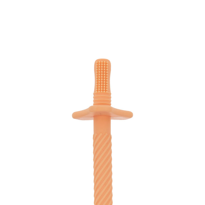 An upright Tube Teether from Nuby’s 3 Pack (orange, blue & green) is shown against a white background—a soothing, textured silicone baby teething toy shaped for comfort and relief.