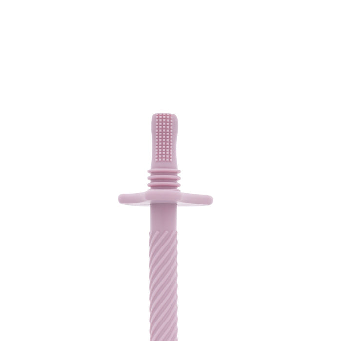 The Nuby Tube Teethers (3 Pack) in purple, pink, and yellow feature textured silicone heads and safety guards, designed as gentle teething toothbrushes for babies or toddlers. Shown on a white background.